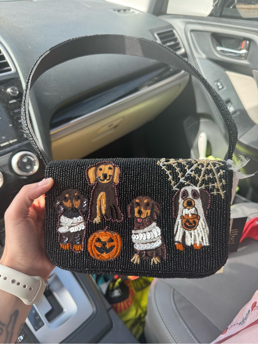 Dachshund Hand-Beaded Black Halloween Dog Shoulder Bag